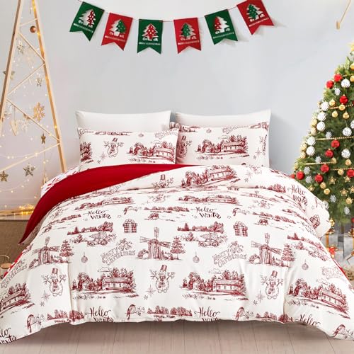 WONGS BEDDING Weihnachts Bettwäsche 135x200 Rot Bettbezug Schneemann Bettwäsche-Weihnachtsbaum Bettwäsche mit Reißverschluss und 1 Kissenbezug50x75 von WONGS BEDDING