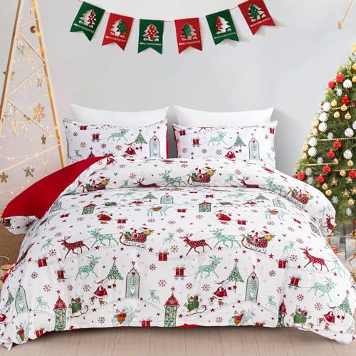 WONGS BEDDING Weihnachts Bettwäsche 135x200 Weihnachtsmann Bettbezug Schneeflocken Bettwäsche-Weihnachtsbäume und Rentier bettwäsche mit Reißverschluss und 1 Kissenbezug 50x75 von WONGS BEDDING