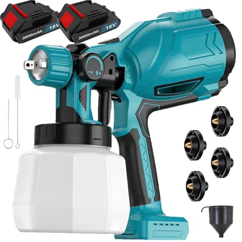 Akku Farbsprühsystem, mit 2x3000mAh Akku und Ladegerät, Kompatibel mit Makita 18V Akkus, Kabelloser Farbsprühsystem mit 4 Düsen, 3 Spritzmuster, 1000ml-Farbeimer, zum Streichen von WONNSUMT