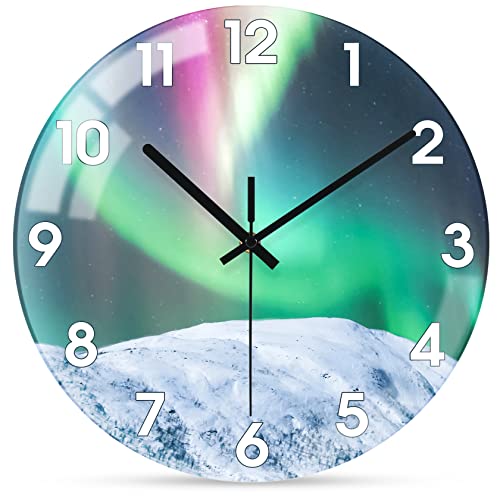 WONZOM 30cm Modern Glas Wanduhr, Groß Leise Geräuschlos Aurora Uhr, Weiß und Grün Wanddekoration für Wohnzimmer/Küche/Badezimmer/Schlafzimmer von WONZOM