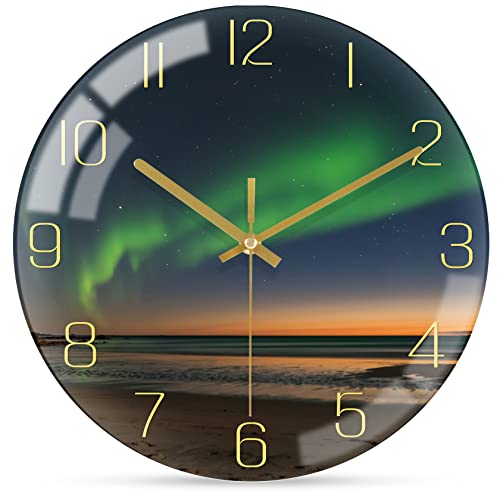 WONZOM Groß Modern Wanduhr, 30cm Ohne Tickgeräusche Lautlos Glas Uhr, Schwarz und Gold Wand Deko für Wohnzimmer/Küche/Badezimmer/Schlafzimmer (Aesthetic Aurora) von WONZOM