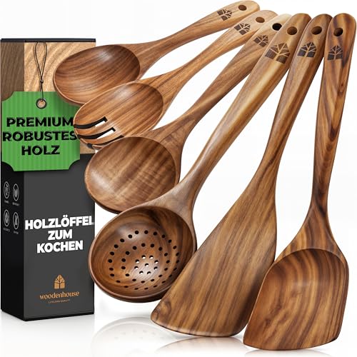 Kochlöffel Holz Set - Holzkochlöffel 6 Stück aus Teakholz mit Holzlöffel Set und Pfannenwender - Natürlich & Perfekt für Antihaft. Robuste & Hitzebeständige Küchenutensilien von WOODENHOUSE LIFELONG QUALITY