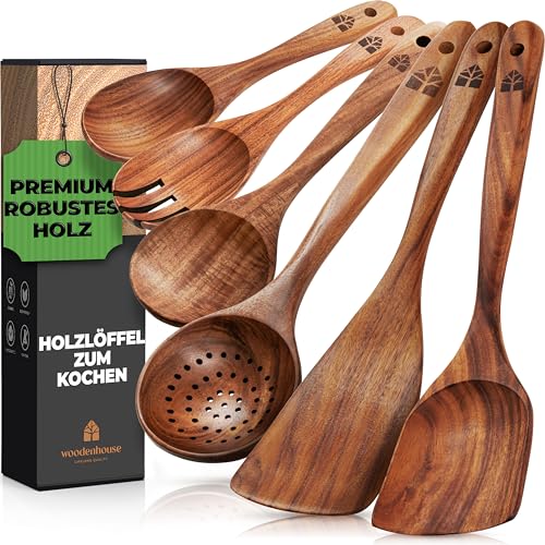 Holz Kochbesteck-Set, Pfannenwender Kochlöffel Rührlöffel Servierlöffel Salatgabel Schaumlöffel – 6-teiliges-Set – Kochgeschirr-Set Küchenset Küchenzubehör – hochwertig & nachhaltig von WOODENHOUSE LIFELONG QUALITY