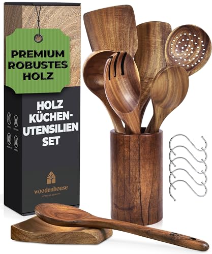 Holz Kochbesteck-Set mit Halter, Pfannenwender Kochlöffel Schöpfkelle Nudelheber Servierlöffel Sieb – mit Haken, Halter und Ablage – 13-teiliges-Set Küchenset – hochwertig & nachhaltig von WOODENHOUSE LIFELONG QUALITY