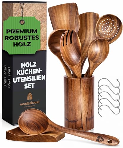 Holz Kochbesteck-Set mit Halter, Pfannenwender Kochlöffel Schöpfkelle Nudelheber Servierlöffel Sieb – mit Haken, Halter und Ablage – 13-teiliges-Set Küchenset – hochwertig & nachhaltig von WOODENHOUSE LIFELONG QUALITY