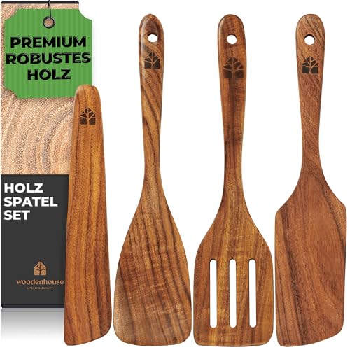 Pfannenwender Holz Set - Handgefertigte Küchenutensilien 4 Teiliges - Holzspatel Set mit Pfannenwender, Bratwender, Schlitzspatel und Holzschaber, BPA-frei, Robust kochbesteck set von WOODENHOUSE LIFELONG QUALITY