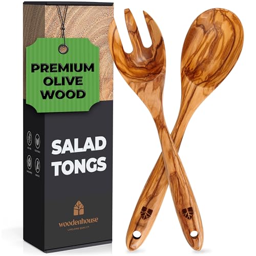 Olivenholz Löffel Salatbesteck (30,5 cm), Olivenholz-Salat-Set Löffel & Gabel als Salatzange – Küchenhelfer Servierzange Servierlöffel zum Kochen und Servieren – hochwertig & nachhaltig von WOODENHOUSE LIFELONG QUALITY