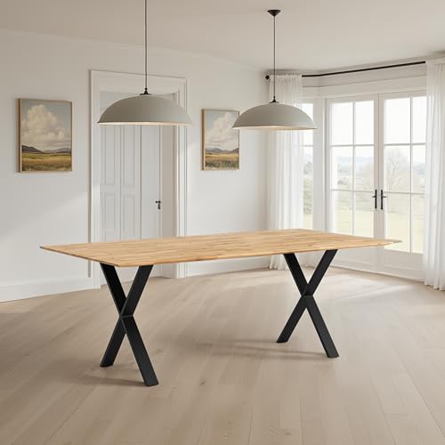 WOODLIVE DESIGN BY NATURE Arto Massivholztisch in Wildeiche, massiver Esstisch, rustikaler Esszimmertisch mit schwarzen Gestell in X-Form, Größe:140 x 90 cm von WOODLIVE DESIGN BY NATURE