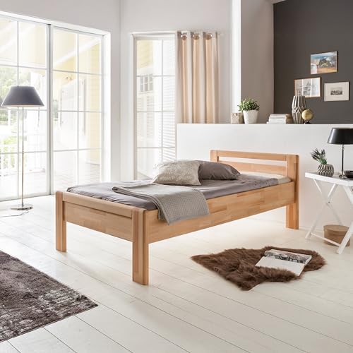 WOODLIVE DESIGN BY NATURE Massivholz-Bett aus Kernbuche, als Seniorenbett geeignet, in Komforthöhe, geöltes Doppelbett mit Kopfteil (140 x 200 cm) von WOODLIVE DESIGN BY NATURE