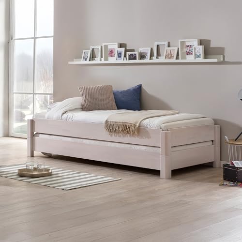 WOODLIVE DESIGN BY NATURE Massivholz Gästebett Stapelbett Twin in Kernbuche weiß (100 x 200 cm) inklusive 2X Lattenrost verstellbar von WOODLIVE DESIGN BY NATURE