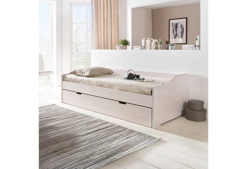 WOODLIVE Massivholzbett praktisches Bett Lea aus Holz mit ausziehbarem Gästebett und Rollen (Massivholzmöbel, Ausführung in Buche natur geölt oder weiß lackiert), Kinderbett, Jugendbett, Doppelbett, Funktionsbett, 90 x 200 cm von WOODLIVE