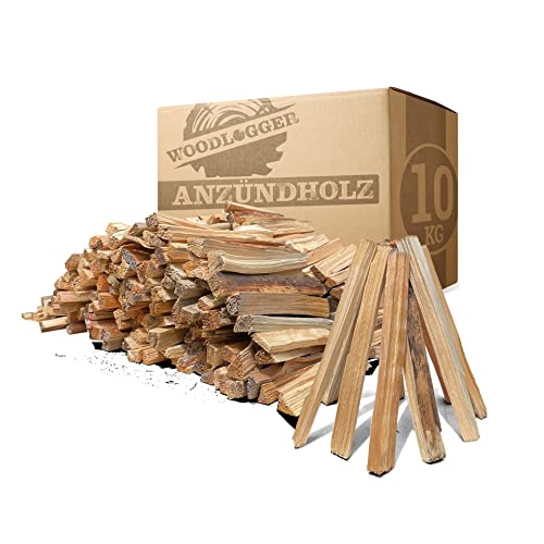 Woodlogger 10 KG Anzündholz I trockenes Anfeuerholz I Premium Anmachholz I ofenfertiges Brennholz I Holz für Kaminofen, Lagerfeuer, Feuerschalen, Ofen I sauberes Grillholz I hochwertige Kaminanzünder von WOODLOGGER