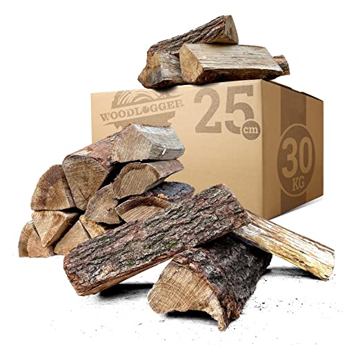 Woodlogger 30 KG Brennholz aus Eiche I trockenes Kaminholz I ofenfertiges Feuerholz I reines Eichenholz I Holz für Kaminofen, Lagerfeuer, Feuerschale, Ofen I Grillholz (Holz-Scheitlänge: 25 cm) von WOODLOGGER