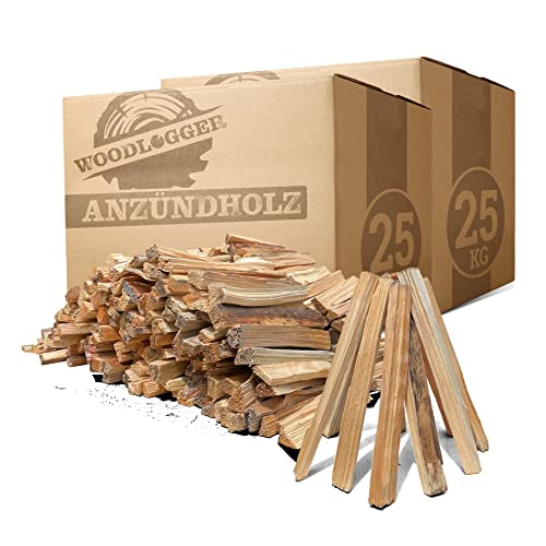 Woodlogger 50 KG Anzündholz I trockenes Anfeuerholz I Premium Anmachholz I ofenfertiges Brennholz I Holz für Kaminofen, Lagerfeuer, Feuerschalen, Ofen I sauberes Grillholz I hochwertige Kaminanzünder von WOODLOGGER