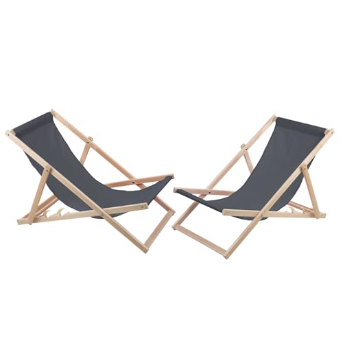 WOODOK 2-er Liegestuhl Set aus Buchenholz Strandstuhl Sonnenliege Gartenliege für Strand, Garten, Balkon und Terrasse Liege Klappbar bis 120kg (Grau) von WOODOK