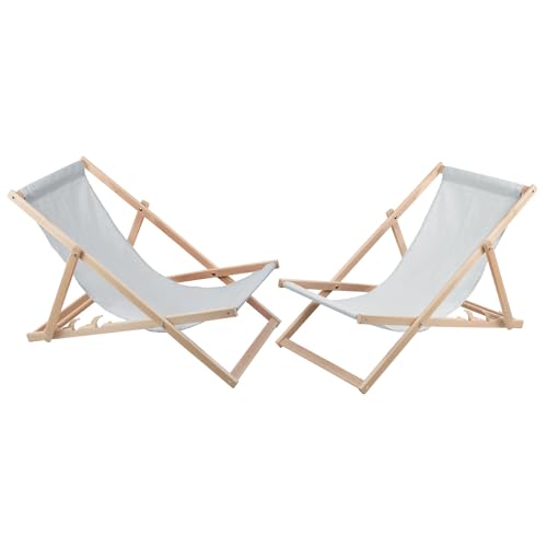 WOODOK 2-er Liegestuhl Set aus Buchenholz Strandstuhl Sonnenliege Gartenliege für Strand, Garten, Balkon und Terrasse Liege Klappbar bis 120kg (Hellgrau) von WOODOK