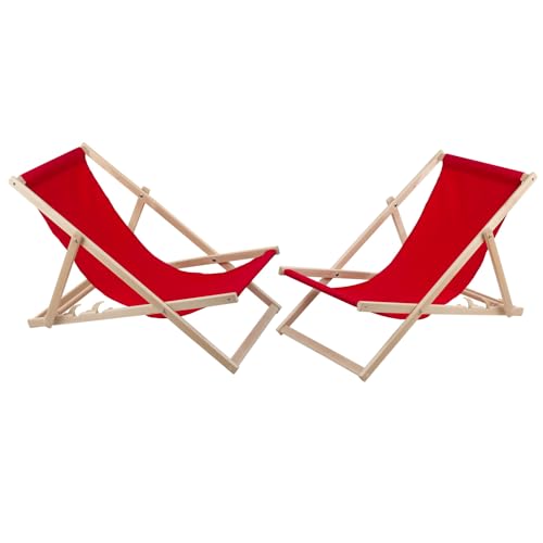 WOODOK 2-er Liegestuhl Set aus Buchenholz Strandstuhl Sonnenliege Gartenliege für Strand, Garten, Balkon und Terrasse Liege Klappbar bis 120kg (Rot) von WOODOK