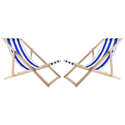 WOODOK 2-er Liegestuhl Set aus Buchholz Strandstuhl Sonnenliege Gartenliege für Strand, Garten, Balkon und Terrasse Liege Klappbar bis 120kg (Blaue Streifen) von WOODOK
