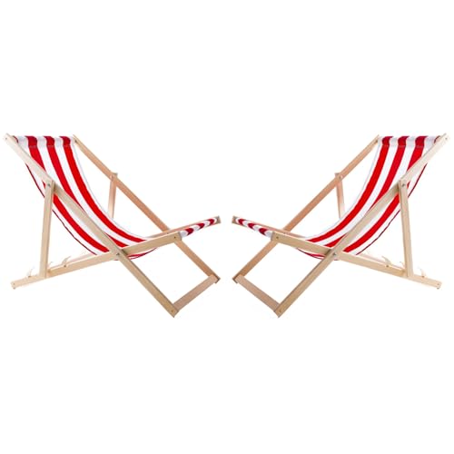WOODOK 2-er Liegestuhl Set aus Buchholz Strandstuhl Sonnenliege Gartenliege für Strand, Garten, Balkon und Terrasse Liege Klappbar bis 120kg (Rote Streifen) von WOODOK
