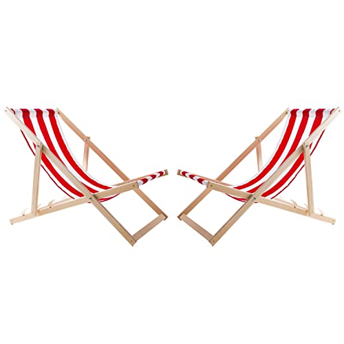 WOODOK 2-er Liegestuhl Set aus Buchholz Strandstuhl zur Selbstmontage Sonnenliege Gartenliege für Strand, Garten, Balkon und Terrasse Liege Klappbar bis 120kg (Rot/Weiß) von WOODOK