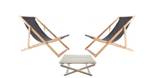 WOODOK 2er Liegestuhl Klappbar - Gartenliege Klappbar bis 120kg, Sonnenliege aus Buchenholz ohne Armlehne - 3-Stufige Rückenlehnenverstellung (2X Grau + Couchtisch) von WOODOK