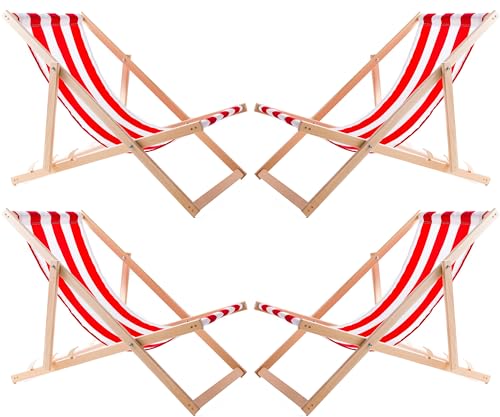 WOODOK 4-er Liegestuhl Set aus Buchenholz Strandstuhl Sonnenliege Gartenliege für Strand, Garten, Balkon und Terrasse Liege Klappbar bis 120kg (Rote Streifen) von WOODOK