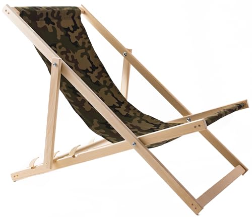 WOODOK Liegestuhl Klappbar Holz - Strandstuhl aus Buchenholz bis 120kg, ohne Armlehne - 3-Stufige Rückenlehnenverstellung (Camo) von WOODOK