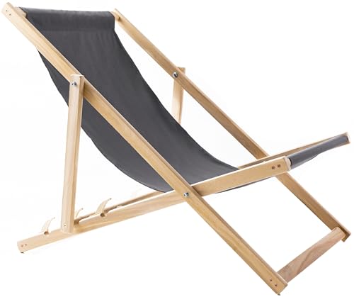 WOODOK Liegestuhl Klappbar Holz - Strandstuhl aus Buchenholz bis 120kg, ohne Armlehne - 3-Stufige Rückenlehnenverstellung (Grau) von WOODOK