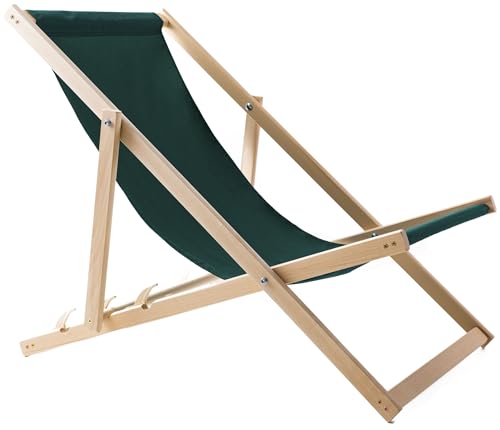 WOODOK Liegestuhl Klappbar Holz - Strandstuhl aus Buchenholz bis 120kg, ohne Armlehne - 3-Stufige Rückenlehnenverstellung (Grün) von WOODOK