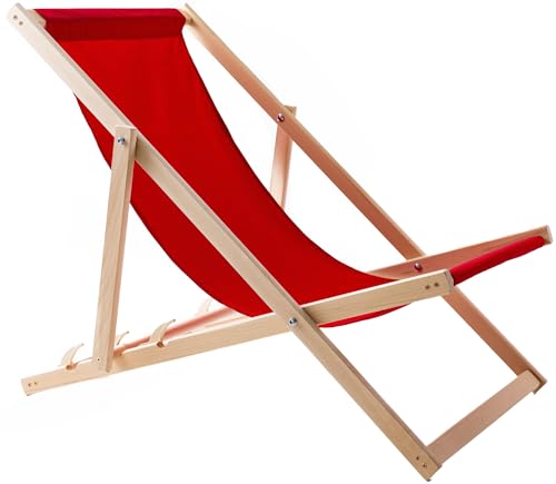 WOODOK Liegestuhl Klappbar Holz - Strandstuhl aus Buchenholz bis 120kg, ohne Armlehne - 3-Stufige Rückenlehnenverstellung (Rot) von WOODOK