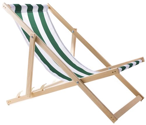 WOODOK Liegestuhl Klappbar Holz - Strandstuhl aus Buchenholz bis 120kg, ohne Armlehne - 3-Stufige Rückenlehnenverstellung (Grün/Weiß) von WOODOK
