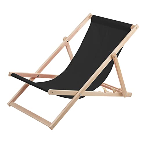 WOODOK Liegestuhl aus Buchholz Strandstuhl Sonnenliege Gartenliege für Strand, Garten, Balkon und Terrasse Liege Klappbar (Schwarz) von WOODOK