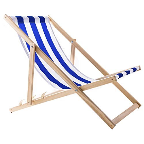 WOODOK Liegestuhl aus Buchholz Strandstuhl Sonnenliege Gartenliege für Strand, Garten, Balkon und Terrasse Liege Klappbar bis 120kg (Blau/weiß) von WOODOK