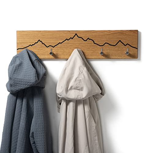 WOODS Garderobe aus Eichenholz mit Berg Motiv | handgefertigt in Bayern | Garderobenleiste Holz | Hakenleiste Wandgarderobe Holz-Deko (Edelstahl Haken, 40cm (3 Haken)) von WOODS