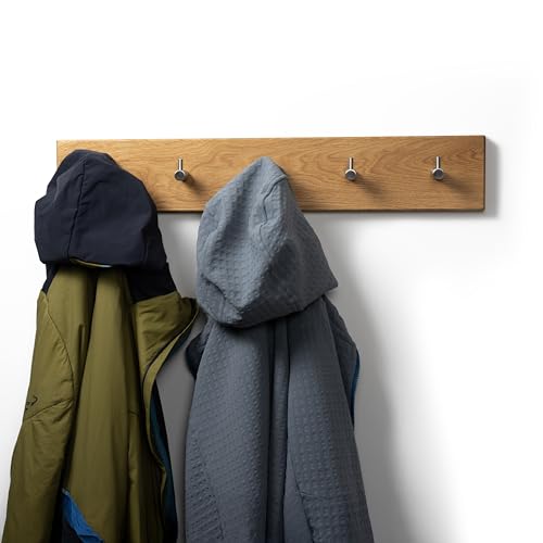 WOODS Hakenleiste Garderobe Holz massiv I Garderobenleiste Moderne Wandgarderobe aus Holz handgefertigt in Bayern I Handtuchhalter (70cm (6 Haken), Eiche, Edelstahl Haken) von WOODS