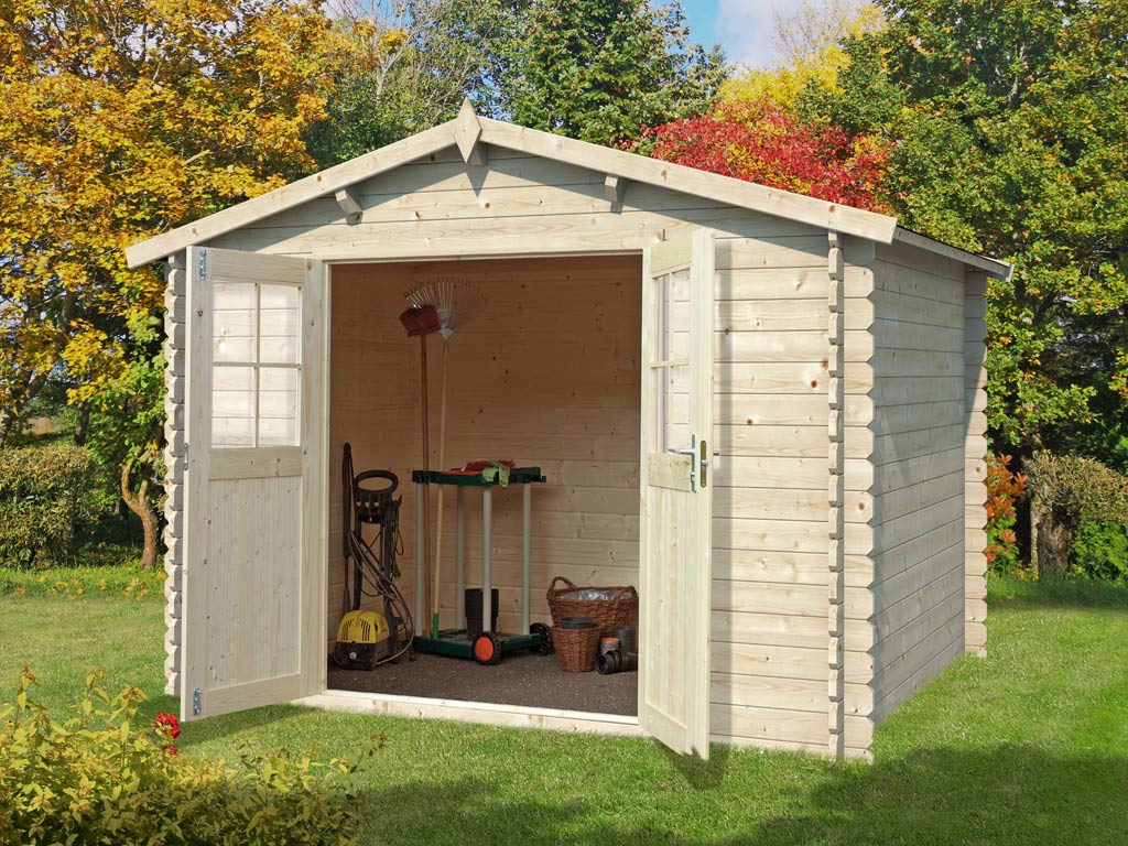 WOODTEX Gartenhaus Blockbohlenhaus CA2875 Houston 28 mm naturbelassen - BxTxH: 310x298x226 cm, Sockelmaß: 280x280 cm, Doppeltür mit Echtglas von WOODTEX