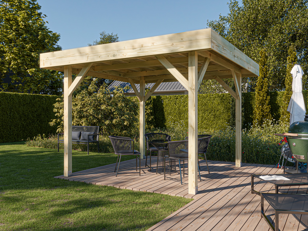 WOODTEX Pavillon Gartenlaube Modern Mittel Kiefer imprägniert - BxTxH: 356x356x244 cm, Sockelmaß BxT: 306x306 cm, Pfostenstärke 11,5x11,5 cm von WOODTEX