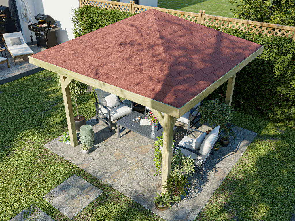 WOODTEX Pavillon Gartenlaube Tourist inkl. Bitumen-Rechteckschindeln rot - BxTxH: 338x338x305 cm, Sockelmaß BxT: 265x265 cm, Pfostenstärke 11,5x11,5 von WOODTEX