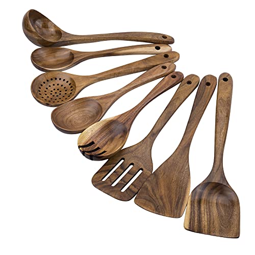 WOODME Kitchen Utensils Set 8 Piece Teak Wooden Cooking Utensil Set Non-Stick Pan Wood Spoons and Spatula Cookware for Home Everyday Use &Kitchen Tools (8pcs) von WOODme