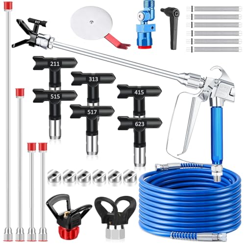WOOLUCK® 22 Stück Airless Spritzpistole Kit, mit 15m Hochdruckschlauch & 6 Sprühdüsen & 4 Düsenverlängerung & 6 Lackpistolenfilter & Führungswerkzeug & Düsensitz von WOOLUCK