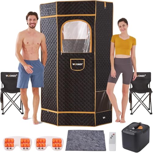 WOOMER 2 Personen Sauna Tragbare Sauna Box für Zuhause mit Klappstuhl, Fußmassagegerät und 3L 1000W Sauna Dampfgarer, Geräumiges Dampfsaunazelt mit 4 Fenstern, Home SPA Entspannung, 108.0 cmx 108.0 cm von WOOMER