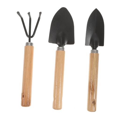 WOONEKY 3 Stück Mini Gartenwerkzeug Set Teiliges Set mit Schaufel Harke und Rechen für Garten Camping und Outdoor Leicht Schwarz Holzgriff zum Jäten und Kultivieren von WOONEKY