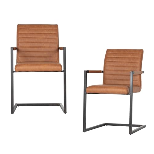 WOOOD Bas Esszimmerstühle Cognac - 2er Set Esstisch Stühle aus Vintage-Pu-Leder mit Rippenstruktur Küchenstuhl mit Rückenlehne und Armlehne von WOOOD