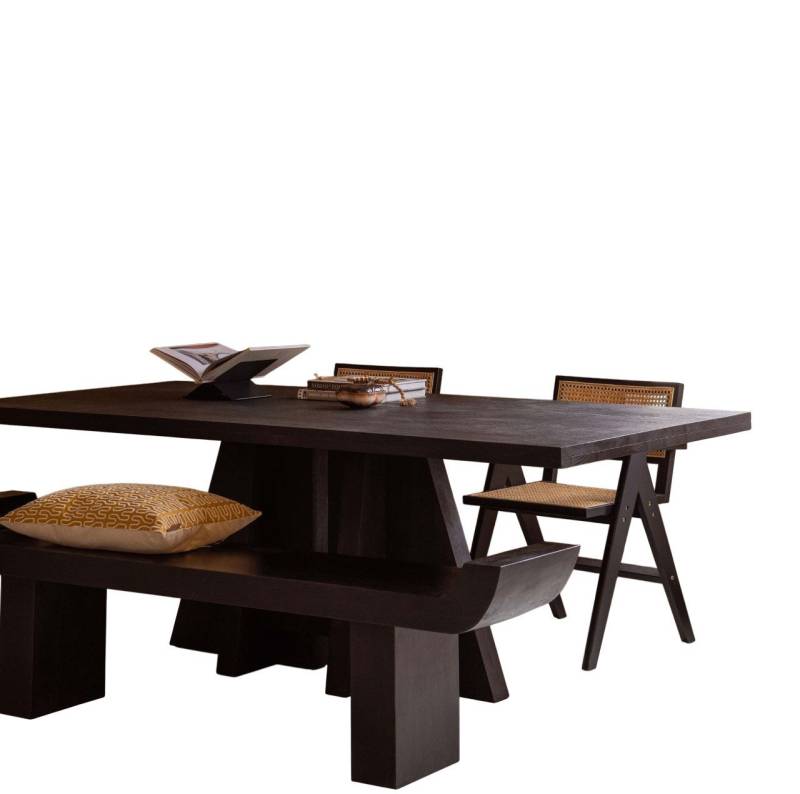 WOOOD Essgruppe Esszimmer-Set Tripoli Massivholztisch, Bank & zwei Stühle schwarz von WOOOD