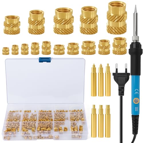 257 Stück Gewindeeinsätze Lötspitzen Set, 60W Einstellbar Temperatur Lötkolben mit 250Pcs Gewindeeinsätze Messing Einschmelzgewinde M2 M2.5 M3 M4 M5 M6, 6Pcs Lötkolben Einschmelzhilfe von WOOWAIR
