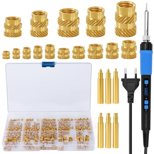 257 Stück Gewindeeinsätze Lötspitzen Set, 90W LED Einstellbar Temperatur Lötkolben mit 250Pcs Gewindeeinsätze Messing Einschmelzgewinde M2 M2.5 M3 M4 M5 M6, 6Pcs Lötkolben Einschmelzhilfe von WOOWAIR