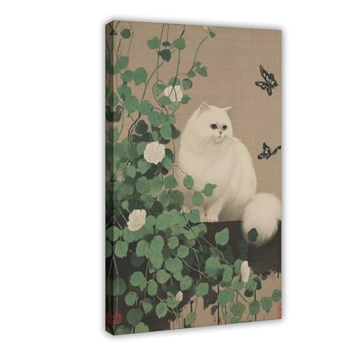 Poster mit weißer Katze, Leinwand, Schlafzimmer, Dekoration, Landschaftsdekoration, Geschenk, 50 x 75 cm von WOPIYNAG