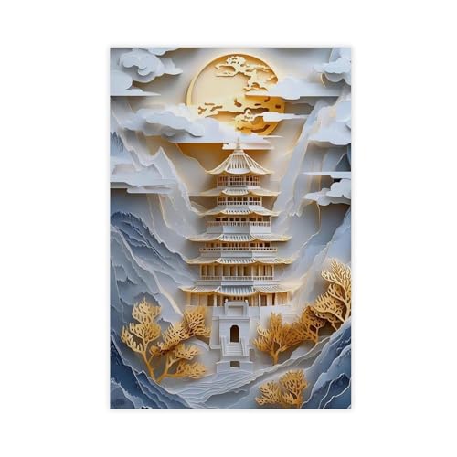 WOPIYNAG Japanischer Tempel Papierschnitt Leinwand Poster Schlafzimmer Dekor Landschaft Dekor Geschenk 40 x 60 cm von WOPIYNAG