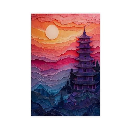 WOPIYNAG Leinwand-Poster, Motiv: Japanische Pagode, Sonnenuntergang, Wandkunstdruck, Bild, Gemälde, 50 x 75 cm von WOPIYNAG