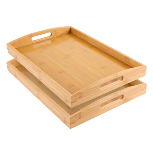WOPPLXY 2 Stück Tablett Serviertablett, 40 x 28 x 5cm Rechteckig Tablett Holz, Bambus Küchentablett für Frühstück, Couchtisch und Tee von WOPPLXY